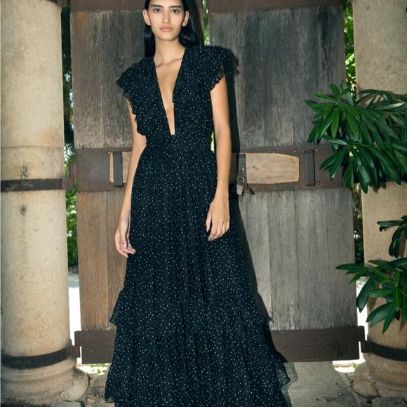 SABINA MUSAYEV SALMA POLKA DOT RUFFLED LONG DRESS IN BLACK Large - Picture 7 of 11